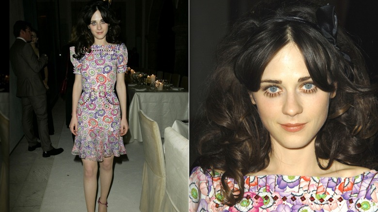 Zooey Deschanel portant une robe à motifs lors du défilé de mode Gucci printemps 2006 au profit du Children's Action Network et du Westside Children's Centre
