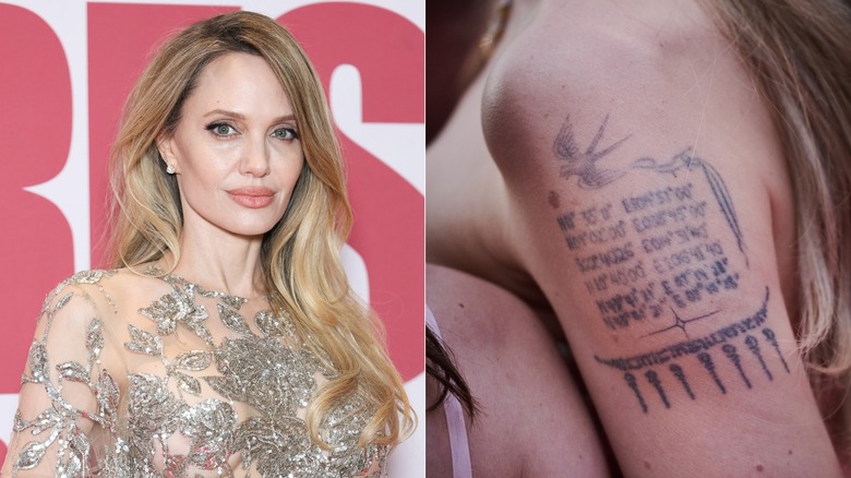 Image divisée d'Angelina Jolie et gros plan d'un tatouage sur le bras montrant les coordonnées du lieu de naissance de ses enfants