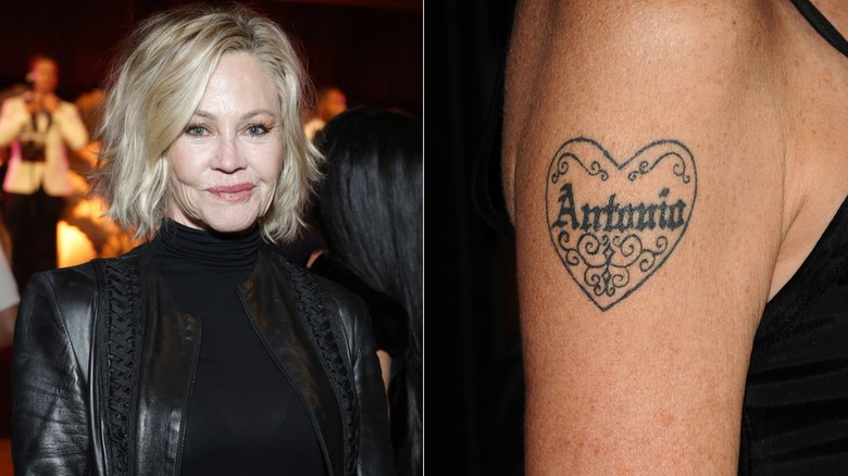 Image partagée de Melanie Griffith et gros plan de son ancien tatouage sur le bras portant le nom d'Antonio Banderas