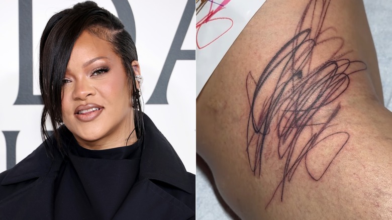Image partagée de Rihanna souriant lors d'un événement sur le tapis rouge et gros plan de son tatouage griffonné