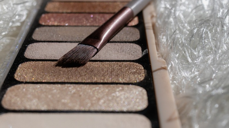 Une palette de fards à paupières contenant des ombres chatoyantes surmontées d'un pinceau plat et incliné.