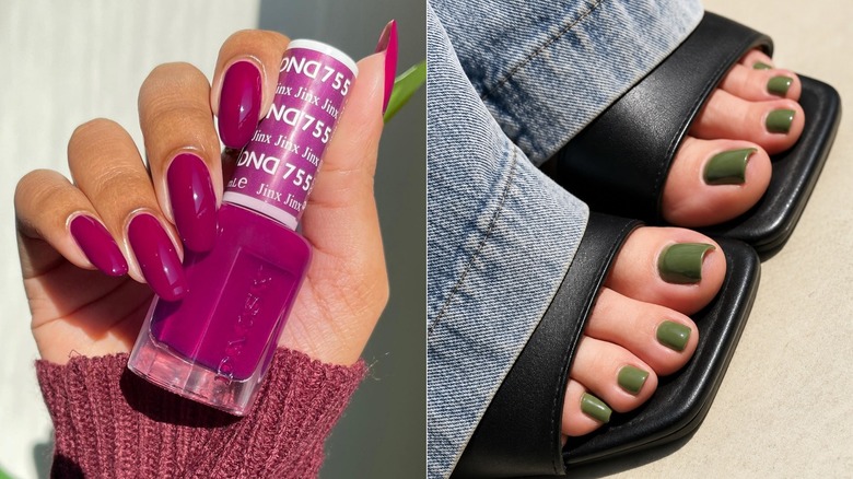 Image divisée d'une main avec une manucure magenta tenant une bouteille de vernis à ongles et une paire de pieds dans des sandales aux orteils vert olive
