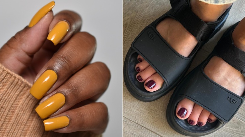 Image fractionnée d'une manucure jaune moutarde et d'une pédicure violet foncé