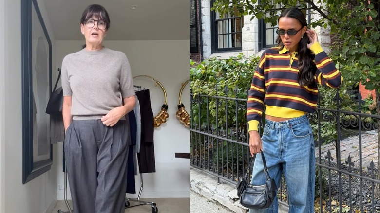 Une femme portant un pull à manches courtes avec un pantalon gris et une femme portant un pull rayé jaune et bleu