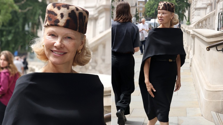 Image partagée de Pamela Anderson portant un chapeau de casemate à imprimé animal et une robe noire lors d'une observation de célébrité à Londres