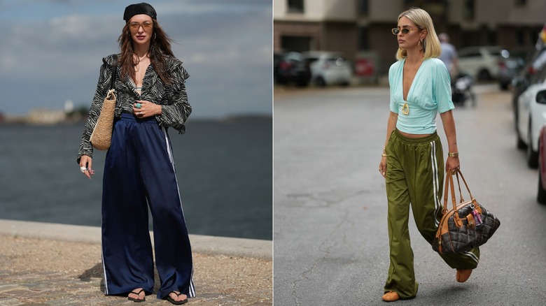 Image divisée de femmes portant des pantalons de survêtement avec de jolis chemisiers et accessoires
