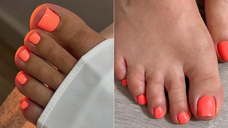 Photos côte à côte montrant du vernis à ongles corail sur deux pieds