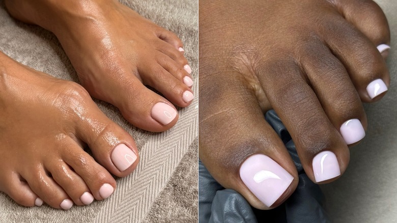 Une pédicure rose blush sur peau moyenne à foncée, photos côte à côte