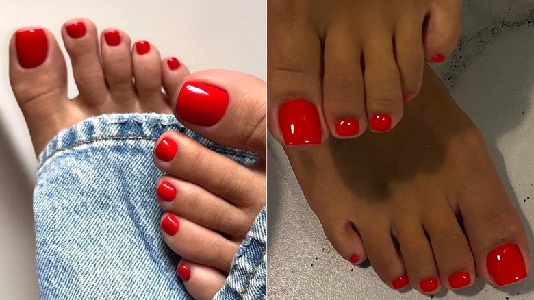 Une manucure rouge cerise sur un pied à peau claire et un pied à peau moyenne, photos côte à côte