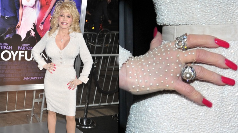 Dolly Parton dans un tailleur jupe blanche à la première de Joyful Noise
