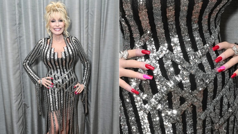Dolly Parton à la cérémonie d'intronisation au Rock & Roll Hall of Fame dans une robe noire et argentée