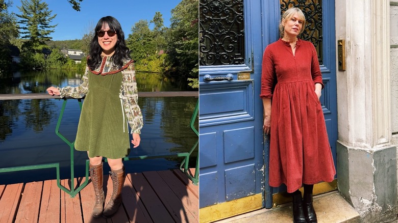 Image divisée d'une robe de style chasuble verte et d'une robe orange de longueur midi