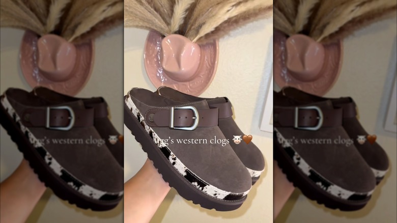 Image tirée d'un TikTok montrant des sabots de marque UGG avec une bande d'empreinte de vache