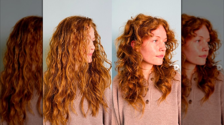Photos avant et après d'une femme aux cheveux roux coupés en poils longs jusqu'aux épaules