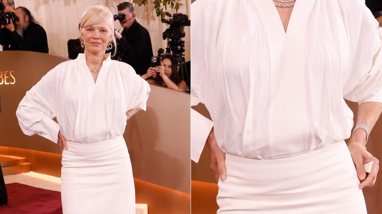 Pamela Anderson debout dans une jupe et une chemise blanches et un gros plan de ses ongles lors du même événement