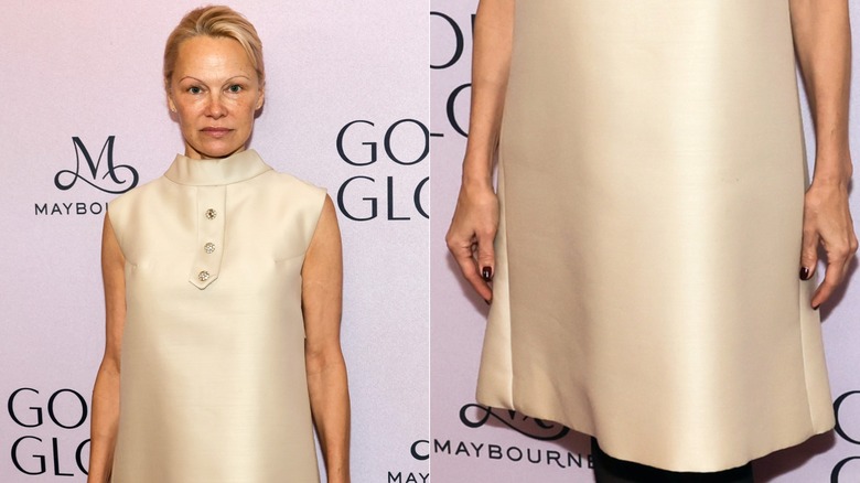 Une photo du torse et un gros plan de Pamela Anderson aux Golden Globes 2024