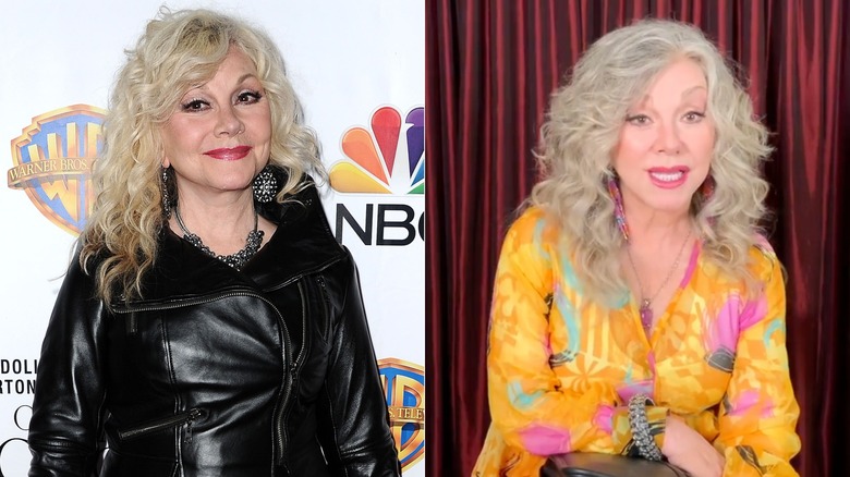 Une image de Stella Parton avec des cheveux blonds et une image de Stella Parton avec des cheveux plus argentés