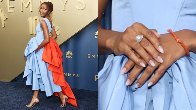 Ayo Edebiri dans une robe bleue et orange aux Emmys 2026 et un gros plan de ses ongles