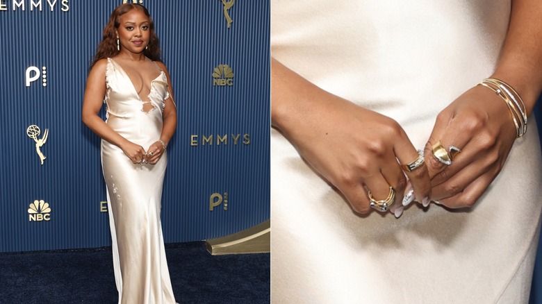 Quinta Brunson dans une robe crème et un gros plan de ses ongles