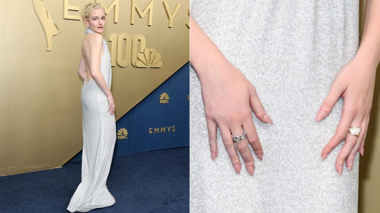 Julia Garner en robe blanche aux Emmys 2026 et gros plan sur ses ongles