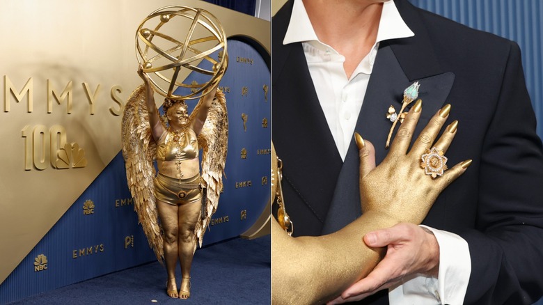 Megan Stalter dans une tenue à ailes dorées aux Emmys 2026 et un gros plan de ses ongles