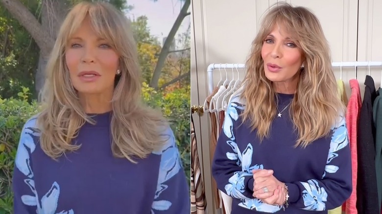 Jaclyn Smith porte le même pull bleu à deux reprises, photos côte à côte
