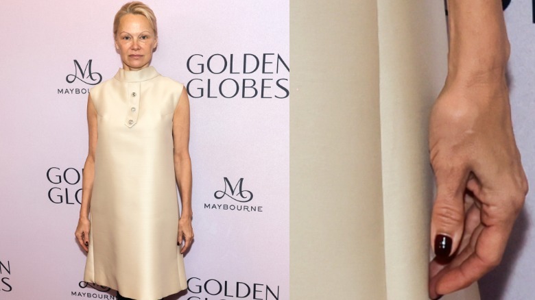 Une photo du torse et un gros plan de Pamela Anderson aux Golden Globes 2024