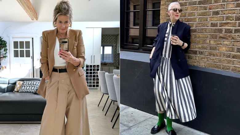 Deux femmes stylées sur Instagram ; un dans un blazer marron avec un pantalon marron et un dans un blazer bleu marine avec une robe rayée
