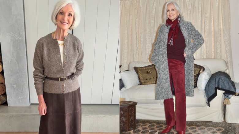 Deux femmes âgées élégantes ; un dans une jupe marron en daim et un dans un pantalon rouge en daim avec un pull gris