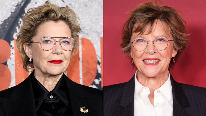 Image divisée d'Annette Bening montrant sa transformation du blond sale au brun foncé avec de l'argent