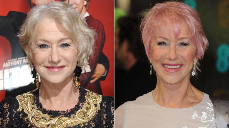 Image partagée d'Helen Mirren dans la soixantaine avec ses cheveux argentés habituels et une teinture rose