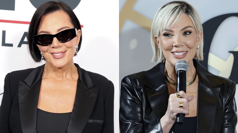Image divisée de Kris Jenner montrant sa transformation des cheveux noirs au blond platine