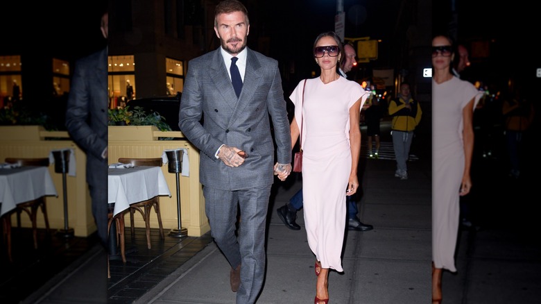 Victoria Beckham et David Beckham marchent vêtus d'une robe rose et d'un costume à carreaux