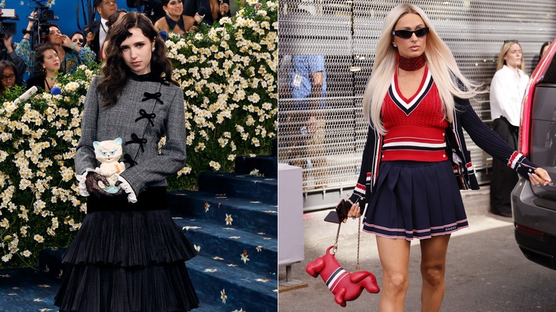 Image partagée de Clairo tenant une pochette en forme de chat au Met Gala et de Paris Hilton marchant avec un sac à main rouge en forme de chien