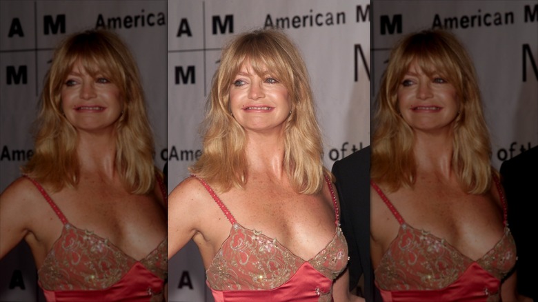 Goldie Hawn sourit dans une robe rose incrustée