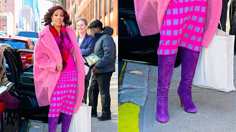 Gayle King portant une tenue rose et violette avec des talons violets
