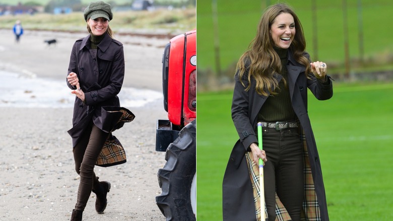 Deux images de Kate Middleton en Écosse en septembre 2026 vêtue d'un trench marron