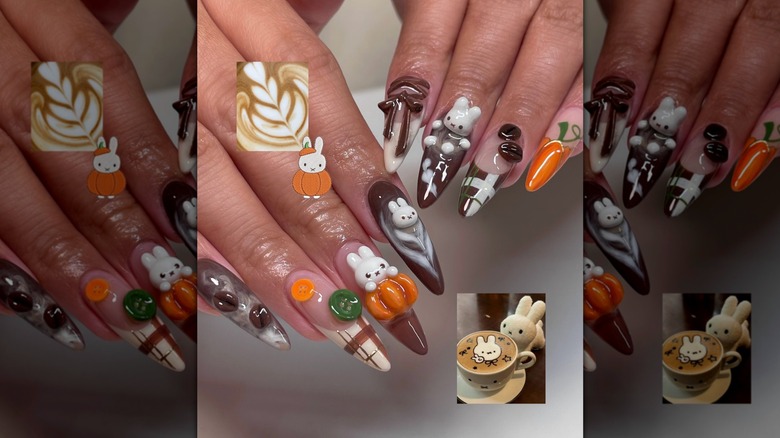 Deux mains montrant un dessin d'ongles en 3D représentant des citrouilles, du latte art et le personnage Miffy