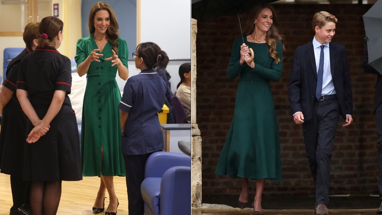 Kate Middleton en robe verte dans un hôpital et encore en robe verte avec Prince George
