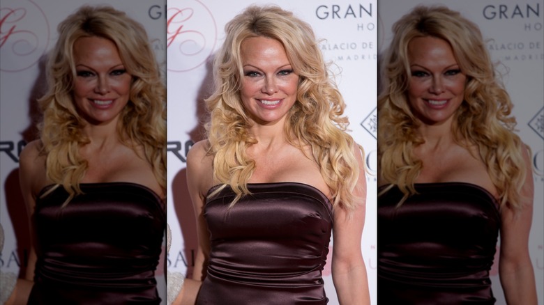 Pamela Anderson dans une robe bustier marron lors d'un événement avec de longs cheveux blonds