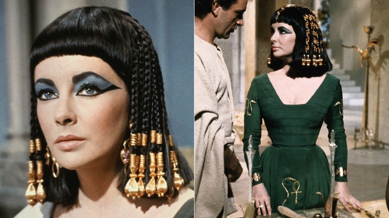 Elizabeth Taylor dans Cléopâtre, une photo du visage et une photo du corps entier, photos côte à côte