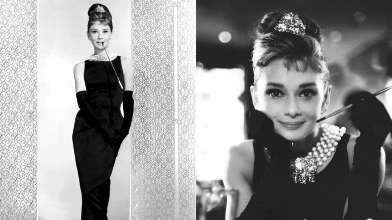 Photos en noir et blanc montrant Audrey Hepburn dans Breakfast at Tiffany's, photos côte à côte