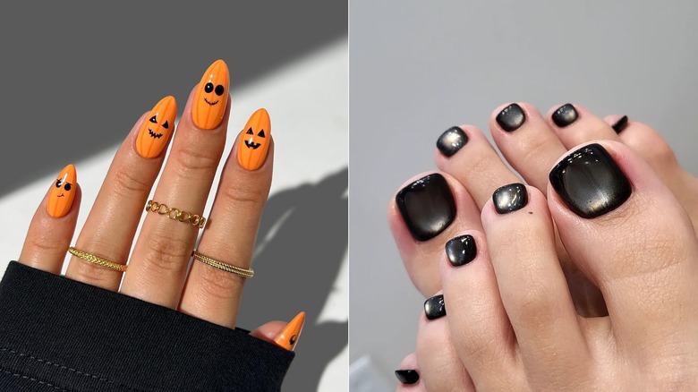 L : Gros plan d'une manucure orange citrouille avec un nail art à la citrouille d'Halloween/ R : Gros plan d'une pédicure œil de chat veloutée en noir
