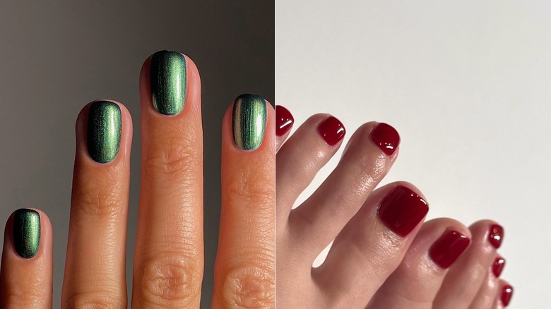 G : Gros plan du vernis à ongles Ozitively Elphaba d'OPI sur les ongles / R : Gros plan d'une pédicure rouge baie profonde