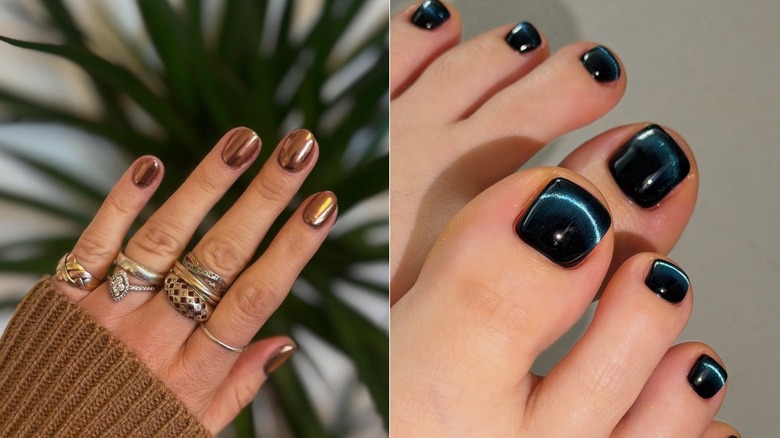 L : Un gros plan d'un vernis à ongles cuivré sur les ongles / R : Un gros plan d'une pédicure avec l'effet œil de chat magnétique en bleu marine foncé