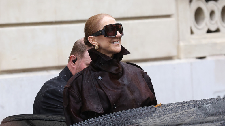 Céline Dion debout dans la rue avec des lunettes de soleil et sur le point de monter dans une voiture