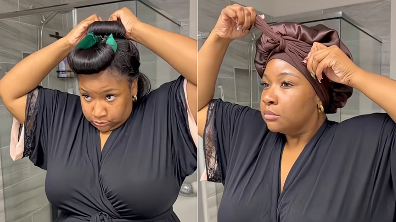 Une femme sur YouTube utilisant trois tiges de velours et à nouveau un bonnet dans ses cheveux