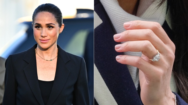Côte à côte montrant Meghan Markle et un gros plan de sa manucure naturelle