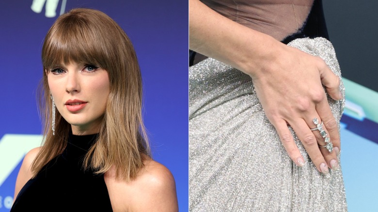 Côte à côte montrant Taylor Swift et un gros plan de sa manucure naturelle