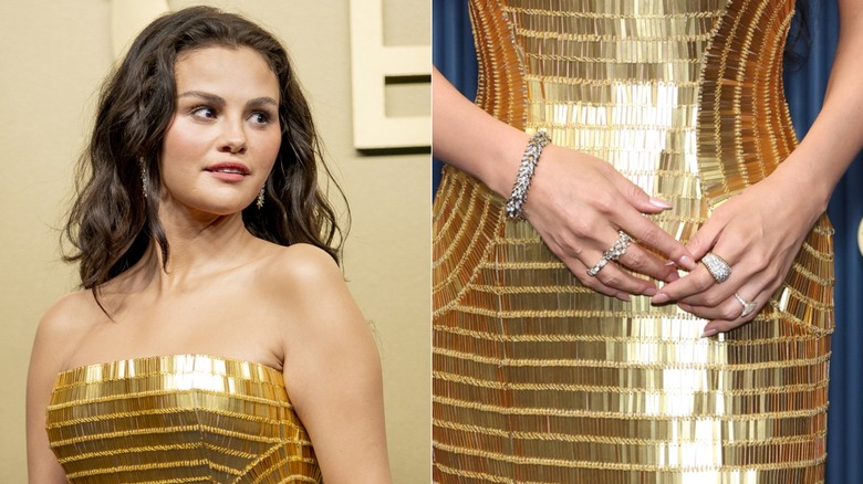 Côte à côte montrant Selena Gomez et un gros plan de sa manucure naturelle